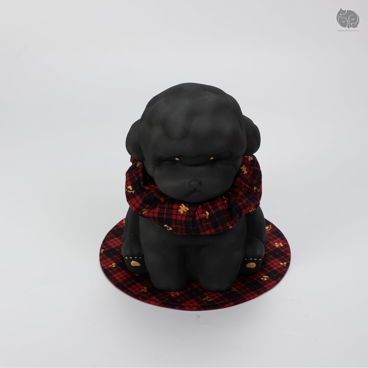 Front quarter angle of the Wayhome obsidian black poodle urn, a beautiful memorial keepsake for small dogs.