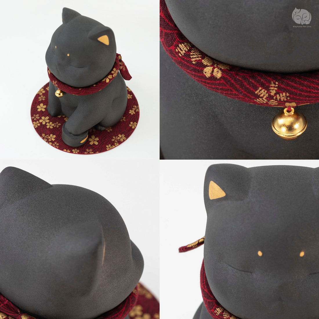 Detail collage of an Obsidian Black ceramic cat urn with a red patterned collar and gold bell