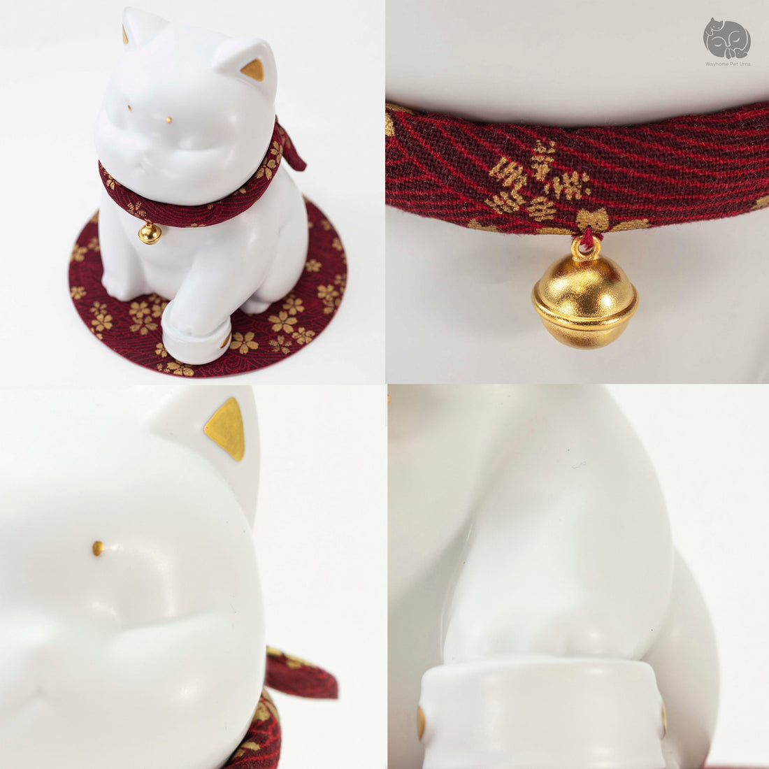 Close-up details of an ivory white ceramic cat urn, including its collar, bell, and handmade surface