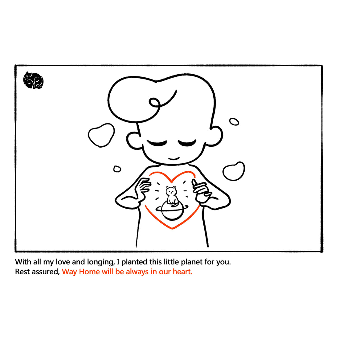 Line-art remembrance card of a person holding a small planet and a cat memory close