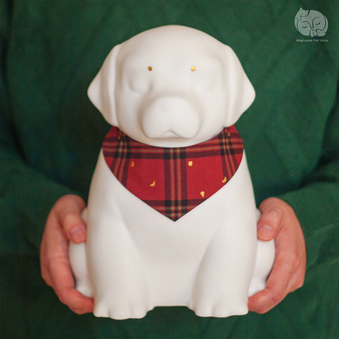 Ivory white ceramic Labrador-style dog urn held in both hands to show its size