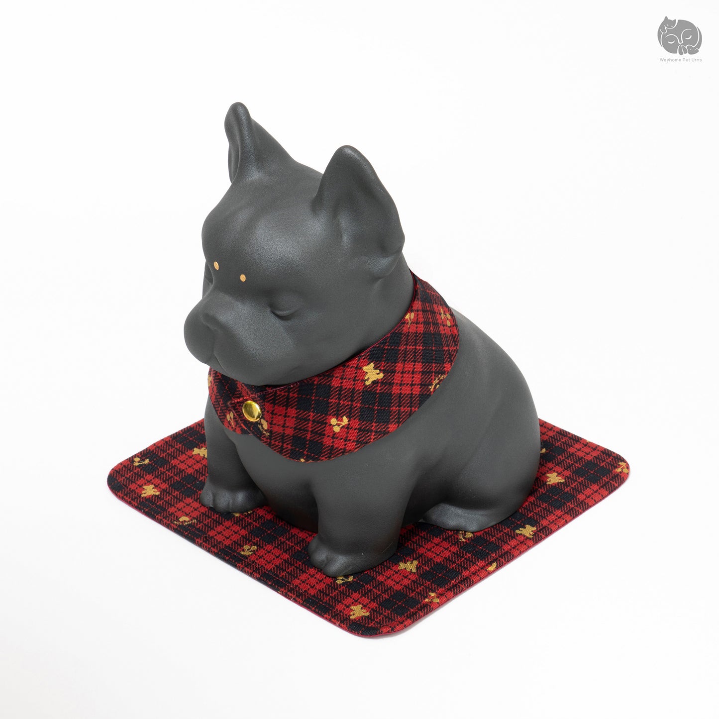 Front quarter angle of the obsidian black bulldog memorial keepsake for home decor.