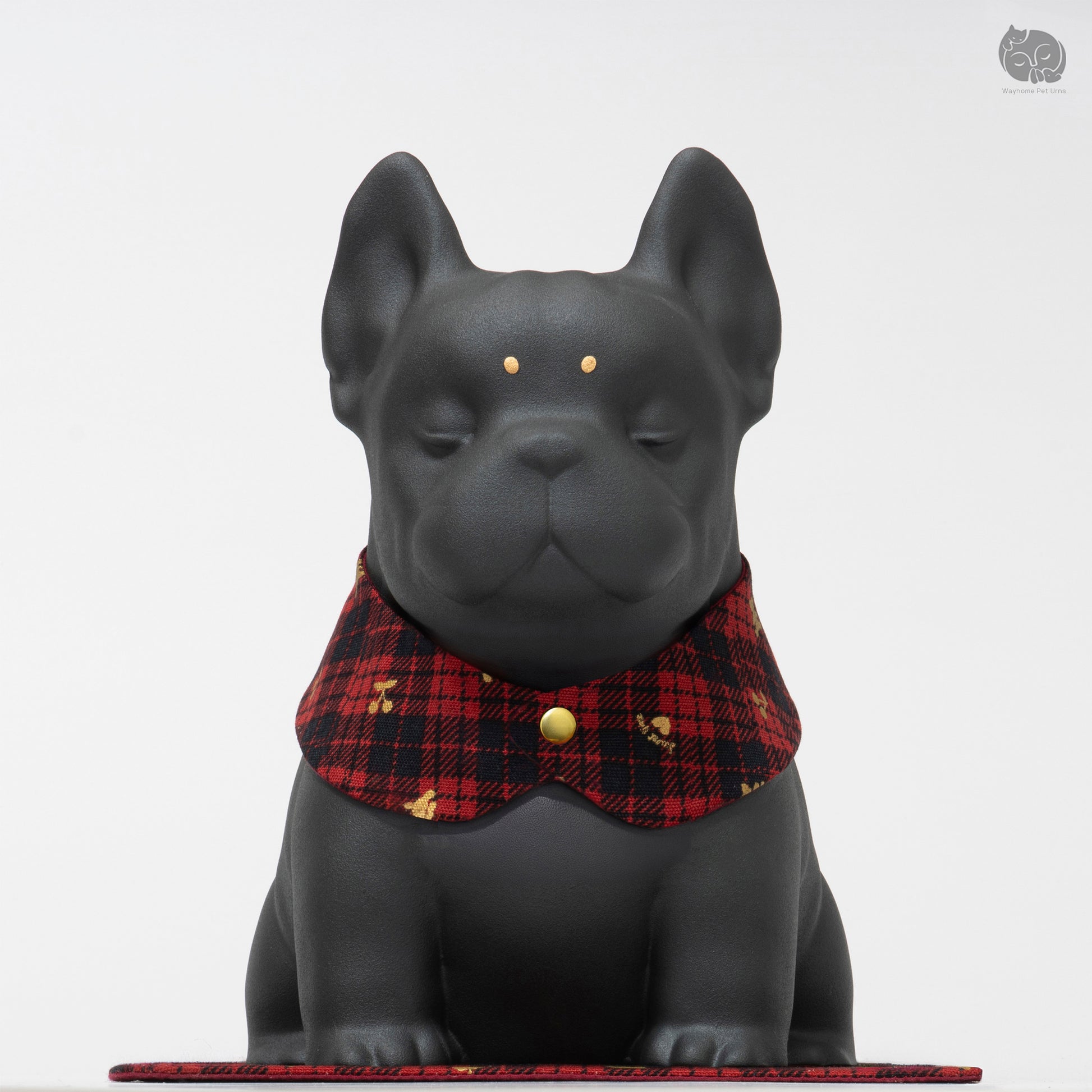 Front view of obsidian black Boston Terrier ceramic memorial urn with red plaid collar.