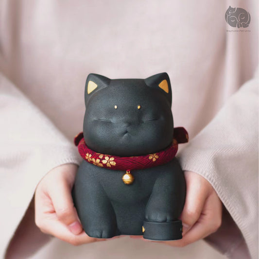 Wayhome obsidian black ceramic cat urn held in hands to show actual size and premium matte finish.