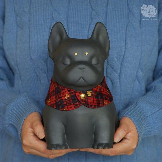 Front view of Wayhome obsidian black ceramic dog urn for Bulldog