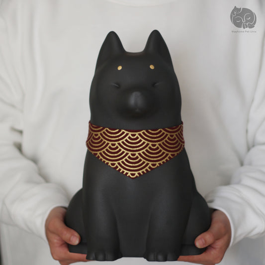 Wayhome obsidian black ceramic dog urn held in hands to show actual size for large breeds like Husky and Shiba.