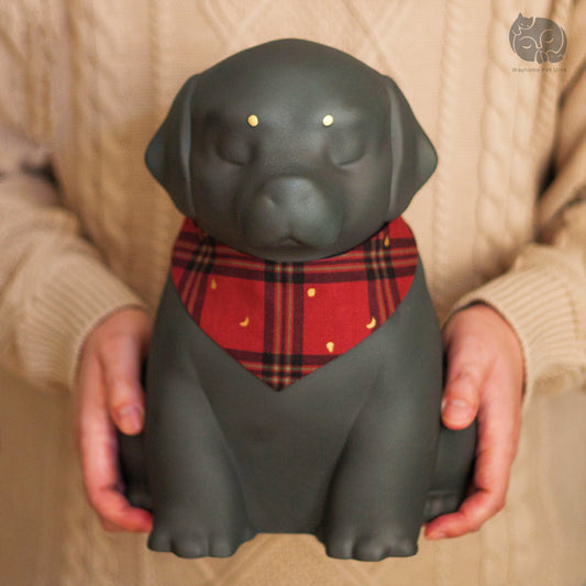 Wayhome obsidian black ceramic dog urn for Labrador, held in hands to show actual size for large breeds.