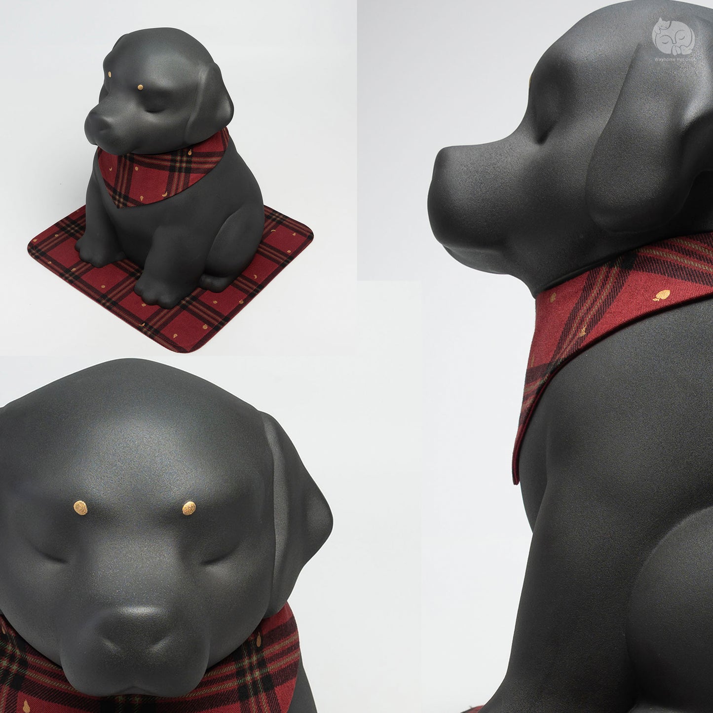 Detailed collage of the black ceramic dog urn for Golden Retrievers, featuring the artisan plaid collar.