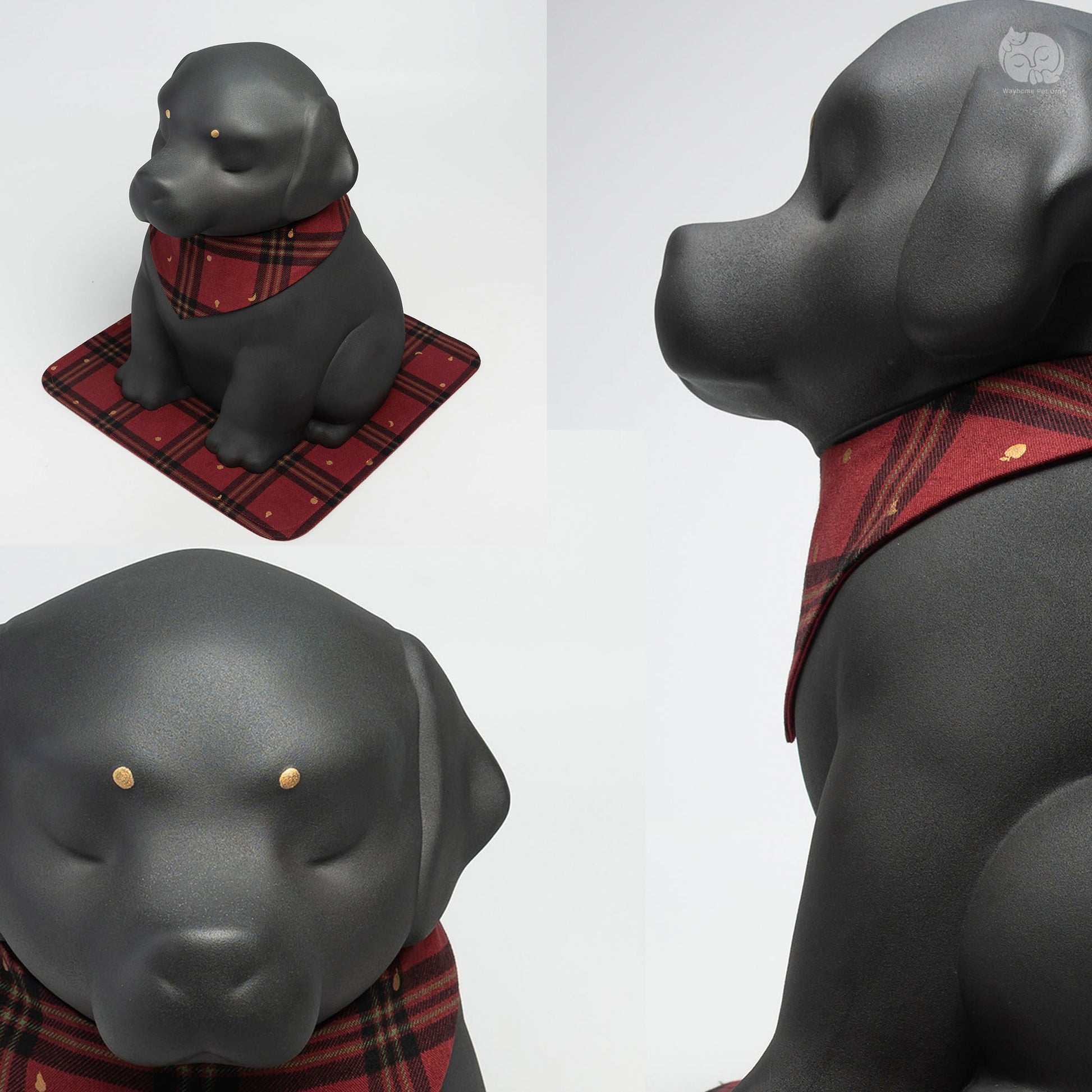Detailed collage of the black ceramic dog urn for Golden Retrievers, featuring the artisan plaid collar.