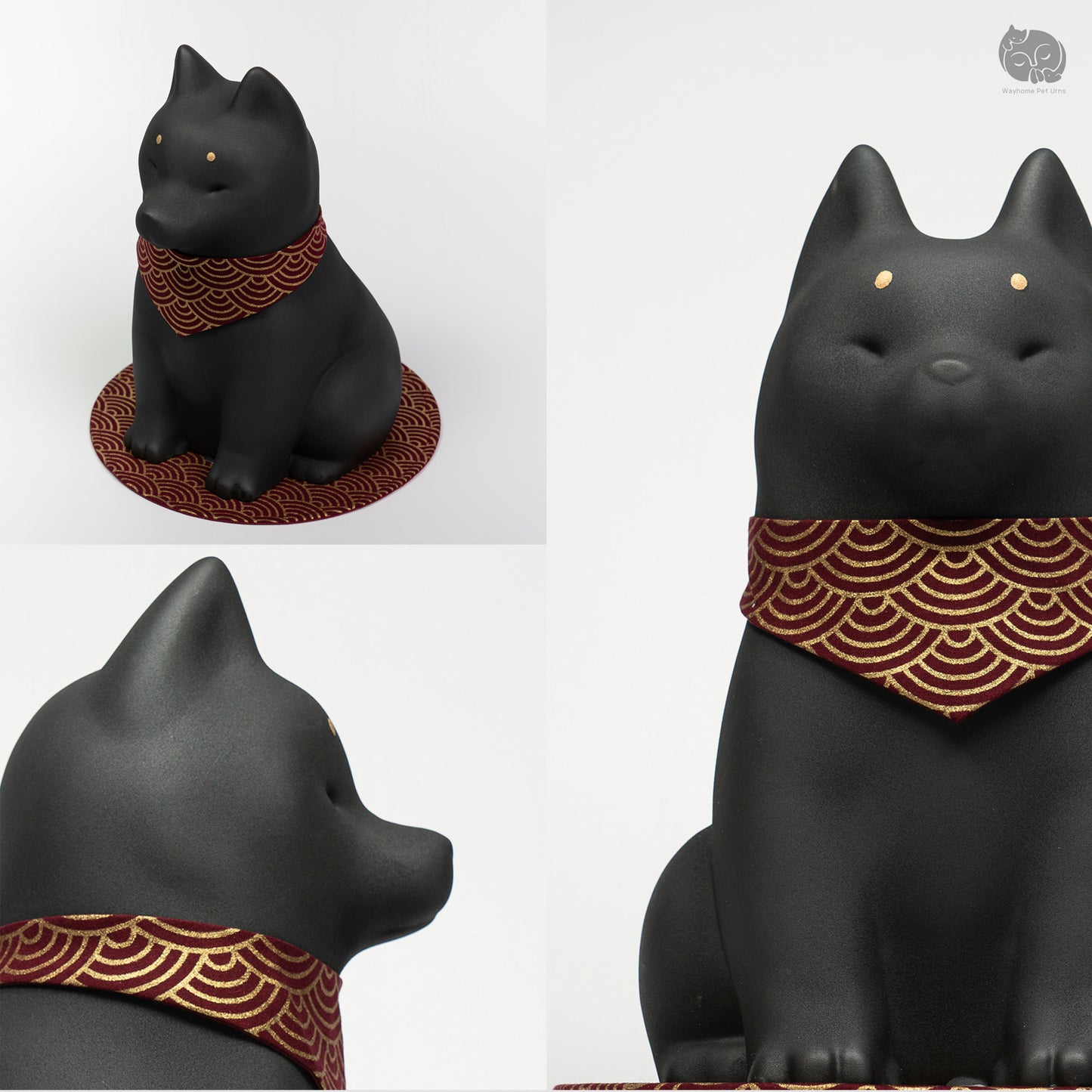 Detailed collage of the black ceramic dog urn for Shiba, featuring the traditional Japanese wave collar.