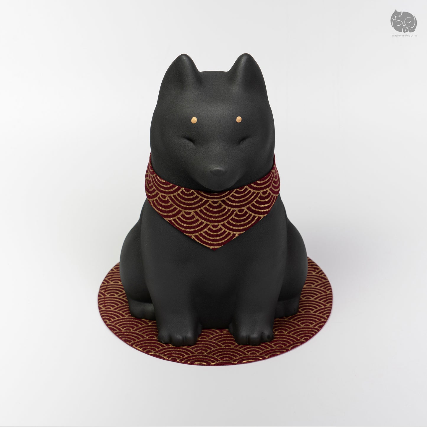 Front angle view of the black ceramic dog urn on a red mat, perfect for a memorial altar for a Shiba Inu.
