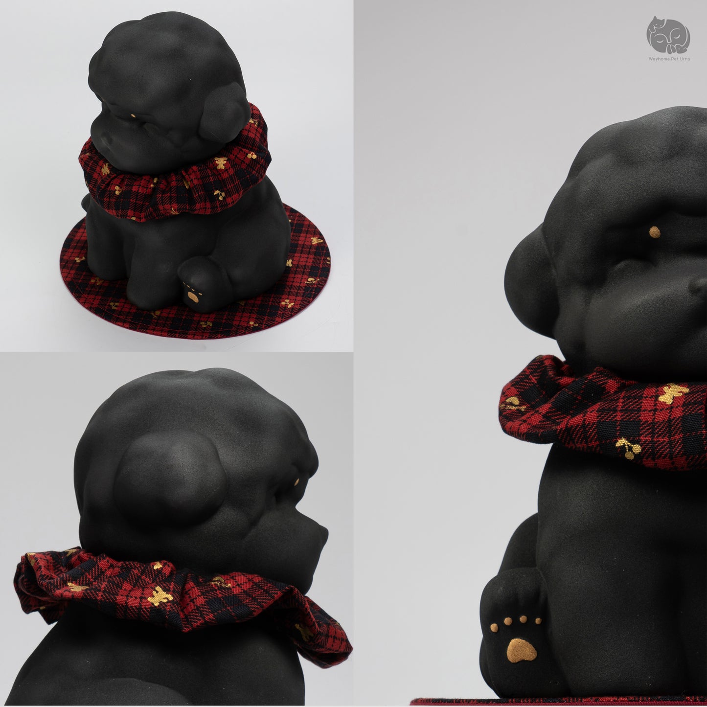 Detailed collage of the black ceramic dog urn for Teddy breeds, featuring the textured curly fur design and red collar.