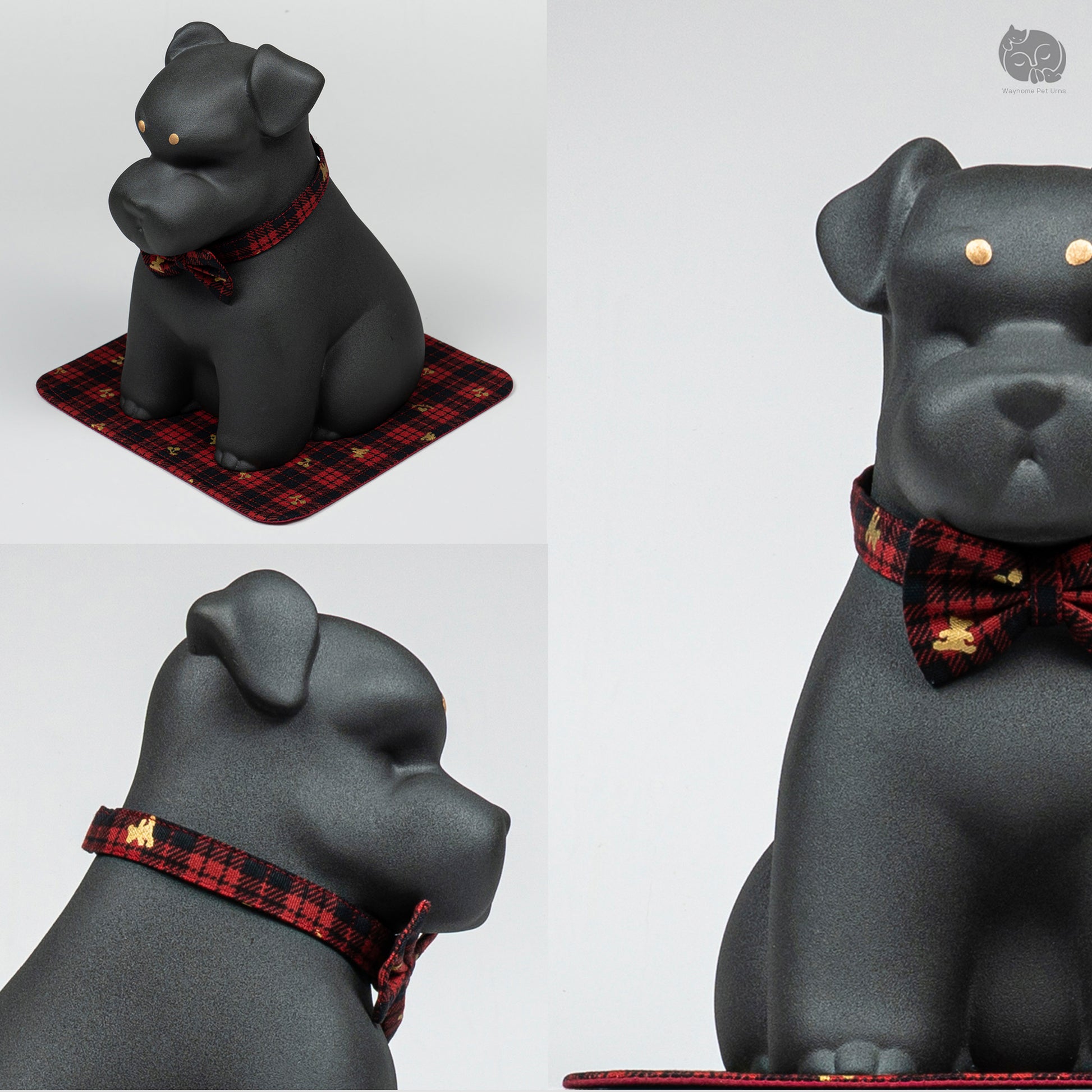 Detailed collage of the black ceramic dog urn for Terrier breeds, featuring the artisan bow tie and facial details.