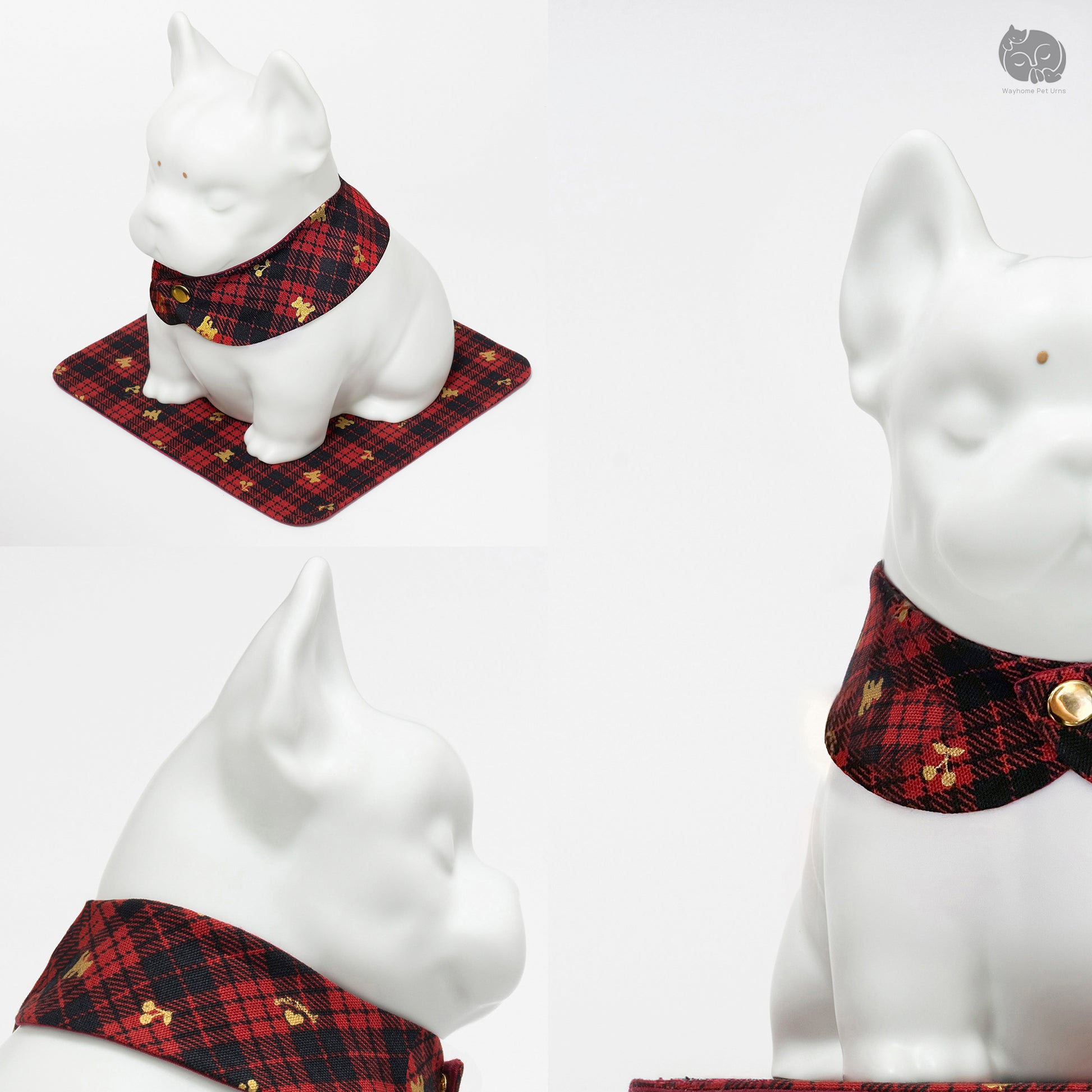 Handcrafted white ceramic Bulldog memorial jar, showing detailed collar and multiple perspectives.
