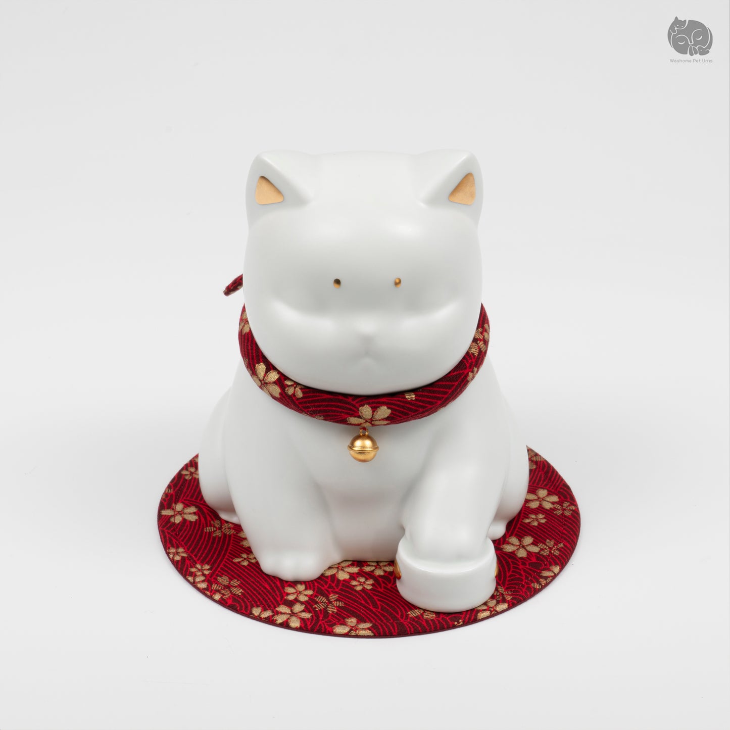 Angled front view of the white cat ceramic urn, perfect for a minimalist pet memorial altar at home.