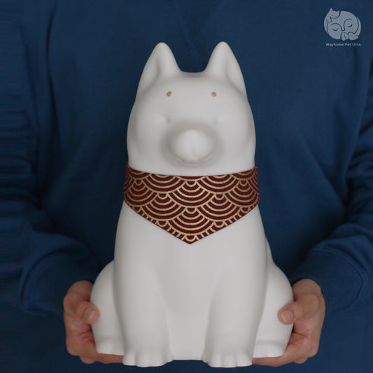 Wayhome ivory white ceramic dog urn held in hands to show actual size for large breeds like Husky and Shiba.