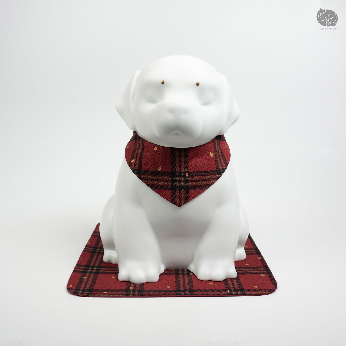 Back view of the Wayhome large breed dog urn on a red mat, a peaceful memorial for Golden Retrievers.