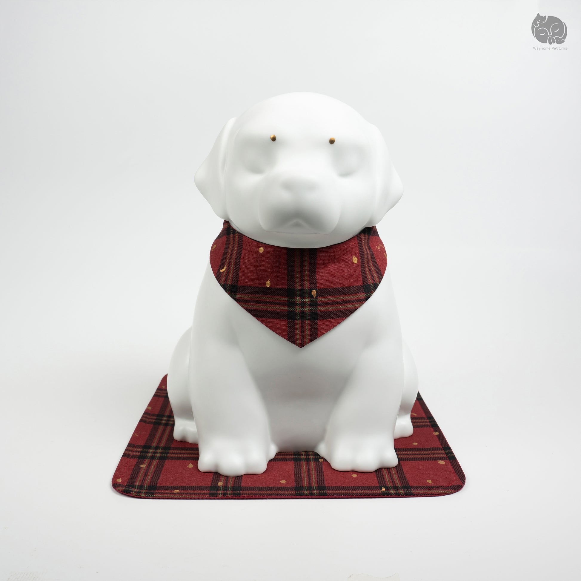 Back view of the Wayhome large breed dog urn on a red mat, a peaceful memorial for Golden Retrievers.