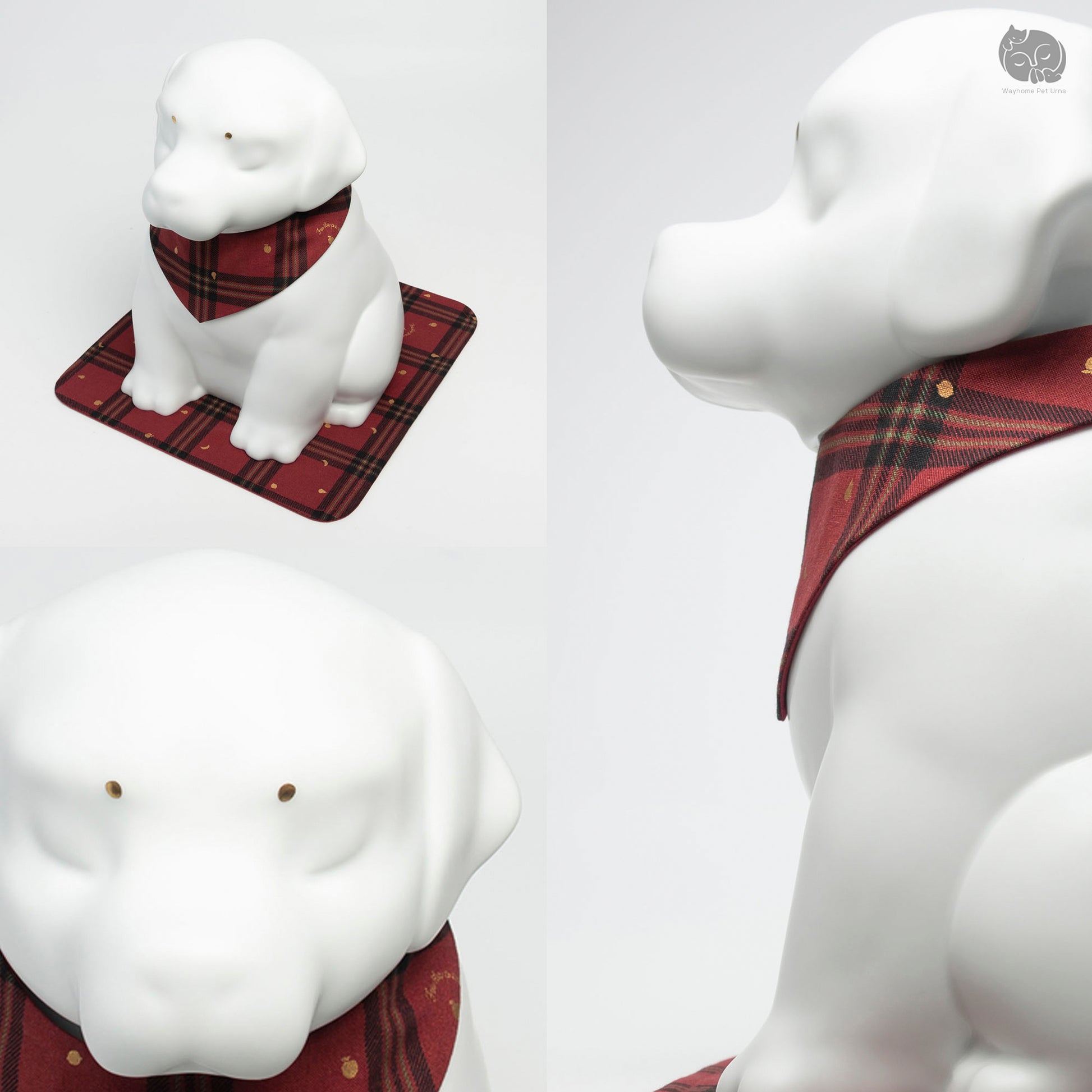 Detailed collage of the ivory white ceramic dog urn for Golden Retrievers, featuring the artisan red plaid collar.