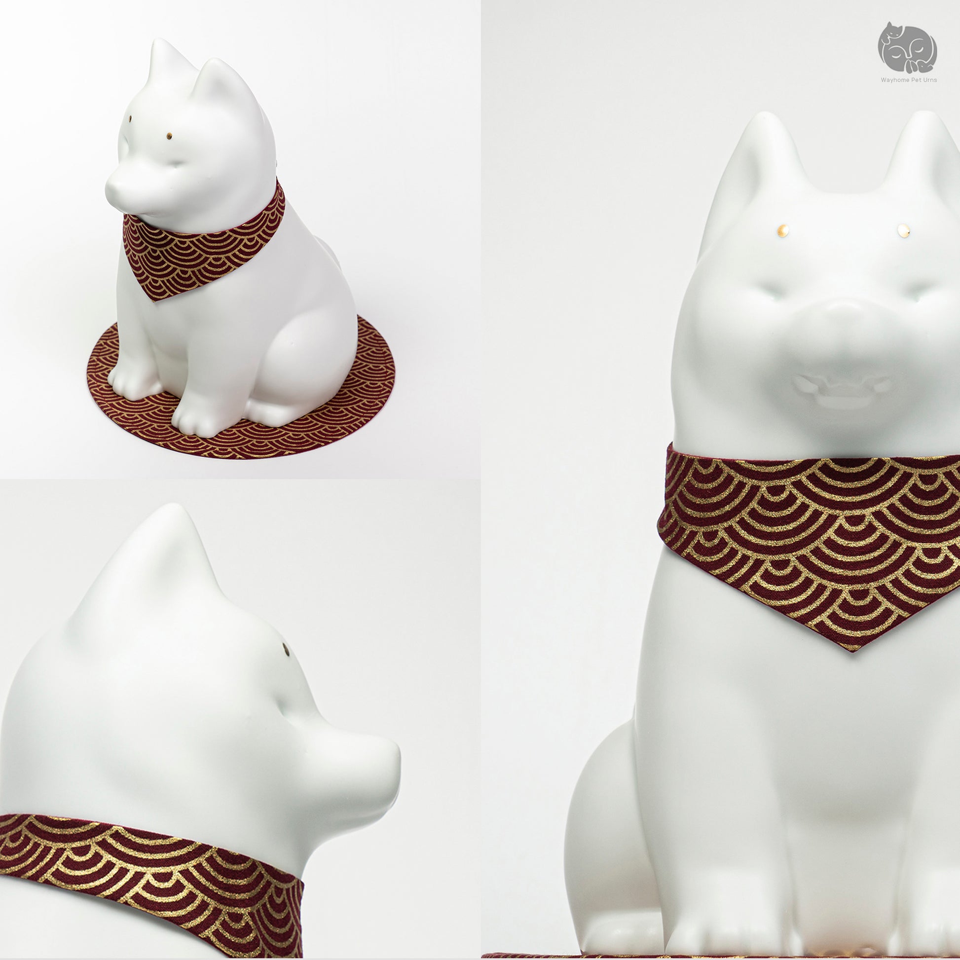 Detailed collage of the white ceramic dog urn for Shiba, featuring the traditional Japanese wave collar.