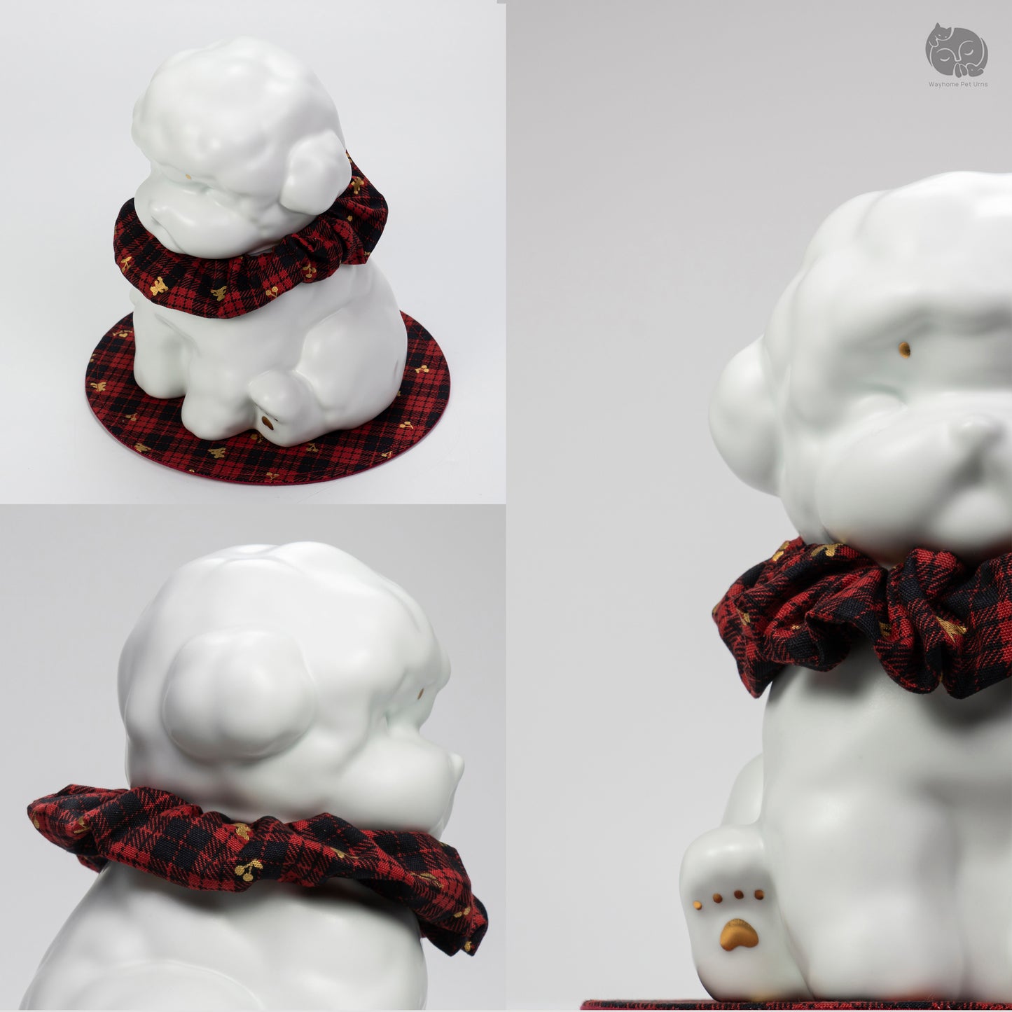 Detailed collage of the white ceramic dog urn for Teddy breeds, featuring the curly fur texture and red plaid collar.