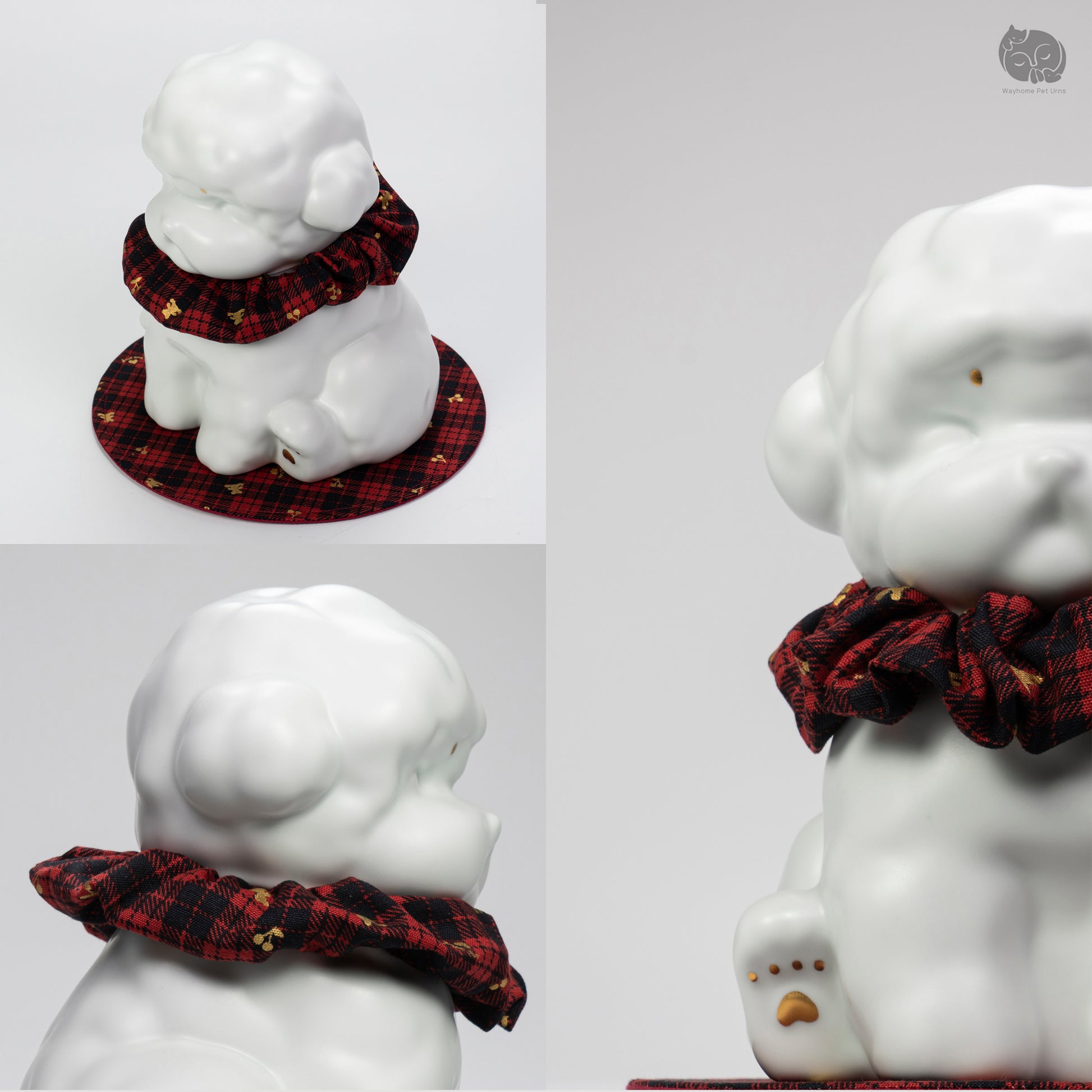 Detailed collage of the white ceramic dog urn for Teddy breeds, featuring the curly fur texture and red plaid collar.