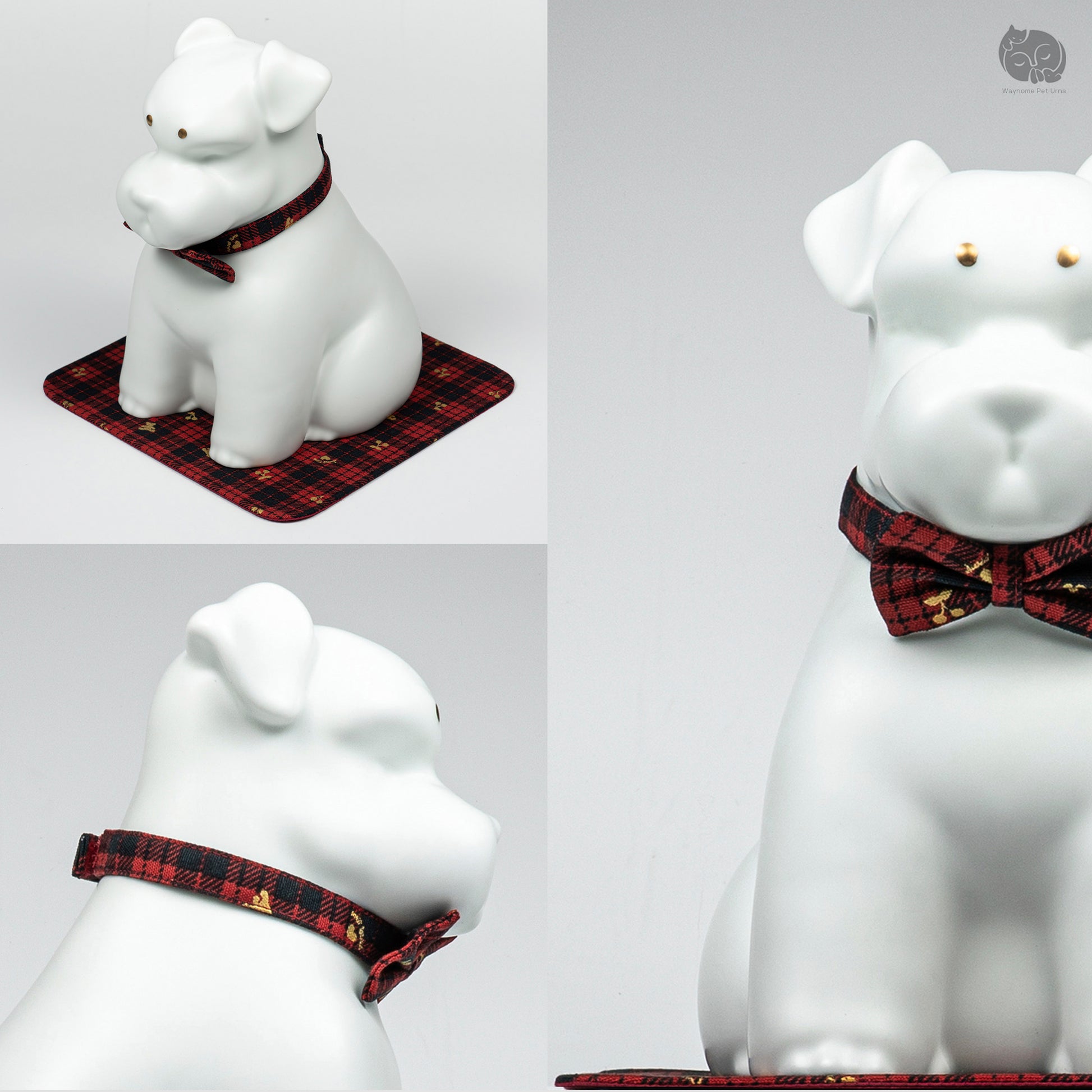 Detailed collage of the white ceramic dog urn for Terrier breeds, featuring the artisan red bow tie and facial details.